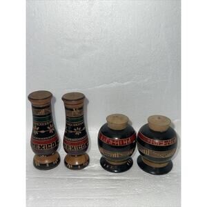 2 Sets Of Vintage Mexico Mayan Souvenir Wooden Salt and Pepper Shakers